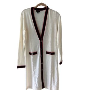 Talbots long Cardigan Sweater Off White with Dark Navy & Reddish trim XS NWOT